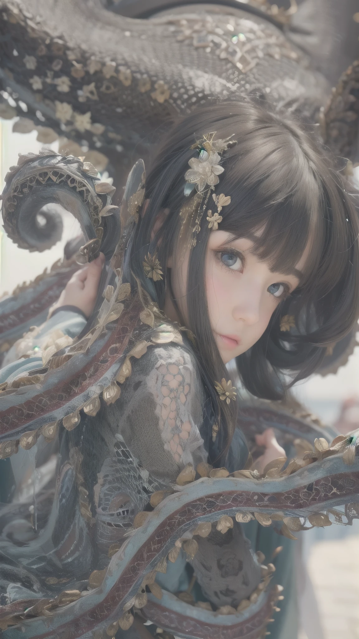 octopus、1 girl、The Style of Kawanabe Kyosai、Face focus、Best、Highest quality、use、Detailed face、octopusの髪型、Depth of written boundary、Bokeh、