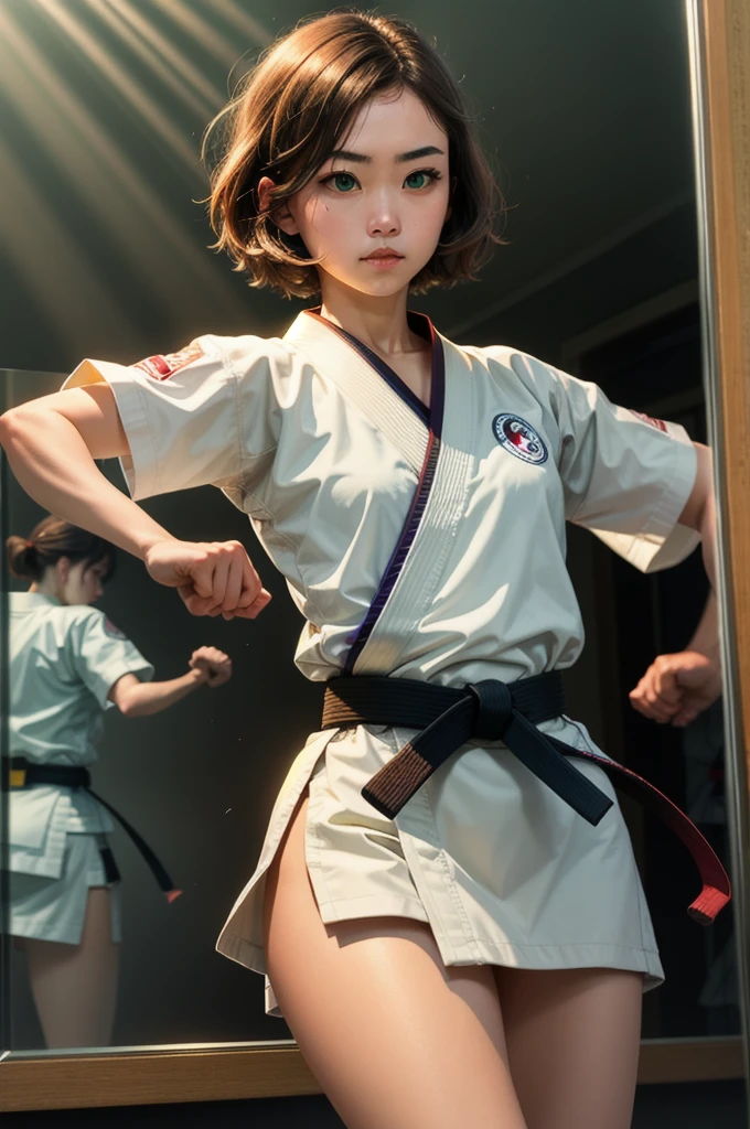 1 girl solo, short brown hair, green eyes, white karate uniform, black belt, dojo, God Rays, Reflection Light,