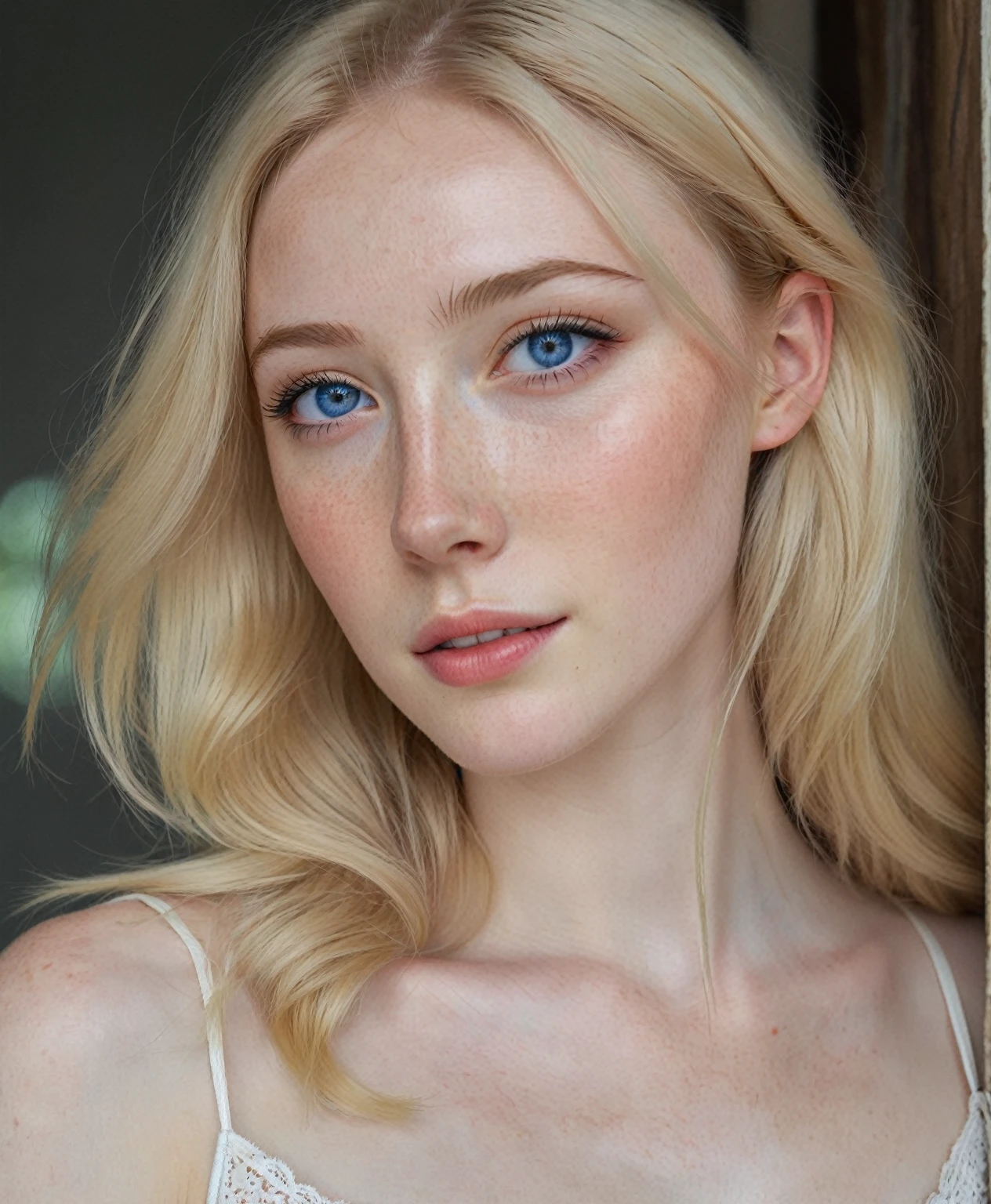 Generate a portrait of a white woman for me, with green eyes depth texture with little yellow, pronounced cheekbones, with a little freckles , somewhat long eyelashes, soft and realistic skin, yellow hair, something long making the effect of some wind for more realism, That it is inside a house. Bring back photography with high cinematic realism, as if it were taken with a Sonyalfa 77 DSLR camera, with front lighting and finally, it must be as similar as possible to the models that appear on Instagram and that it appears to be 20 years old and that the photo is vertical..