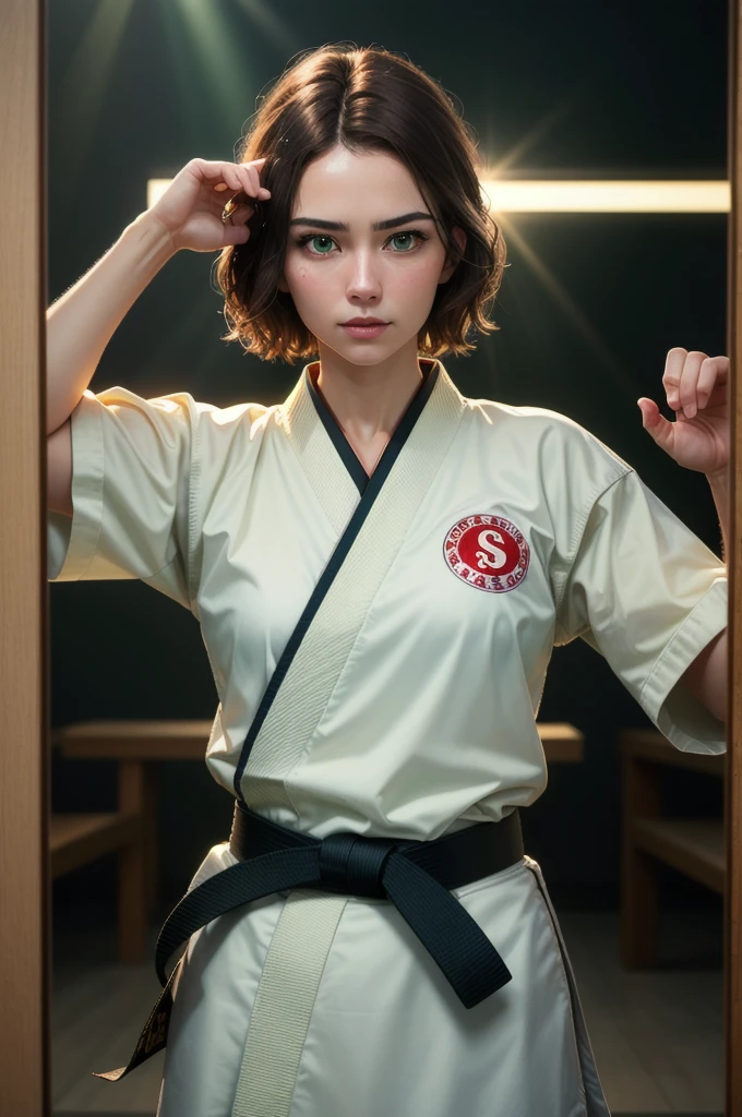 1girl, short brown hair, green eyes, white karate uniform, black belt, dojo, God Rays, Reflection Light, (best quality,4k,8k,highres,masterpiece:1.2),ultra-detailed,(realistic,photorealistic,photo-realistic:1.37),studio lighting,extreme detail description,professional,vivid colors,bokeh