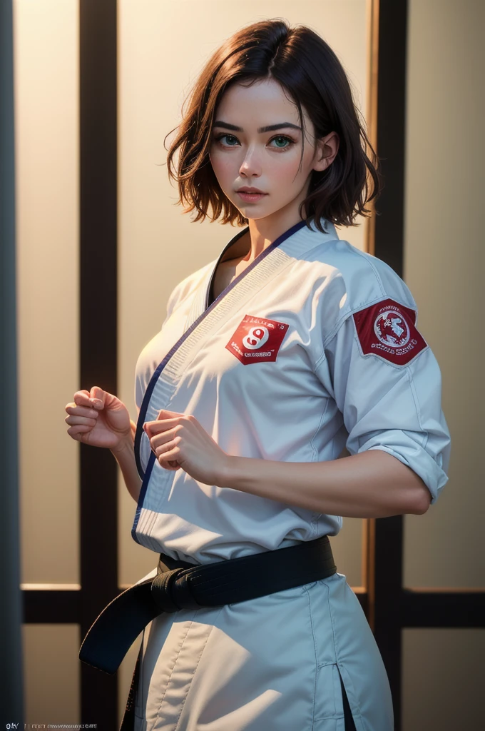 1girl, short brown hair, green eyes, white karate uniform, black belt, dojo, God Rays, Reflection Light, (best quality,4k,8k,highres,masterpiece:1.2),ultra-detailed,(realistic,photorealistic,photo-realistic:1.37),studio lighting,extreme detail description,professional,vivid colors,bokeh