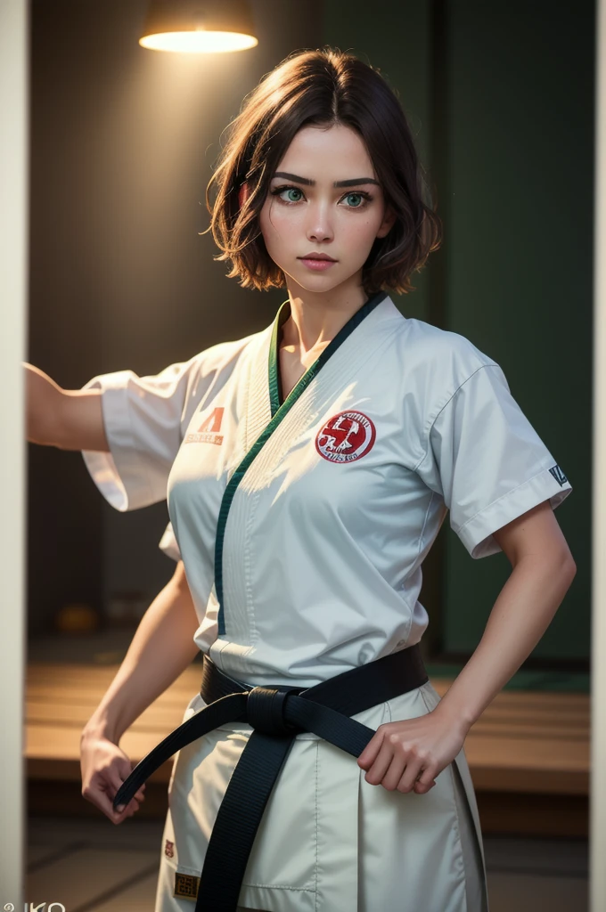 1girl, short brown hair, green eyes, white karate uniform, black belt, dojo, God Rays, Reflection Light, (best quality,4k,8k,highres,masterpiece:1.2),ultra-detailed,(realistic,photorealistic,photo-realistic:1.37),studio lighting,extreme detail description,professional,vivid colors,bokeh