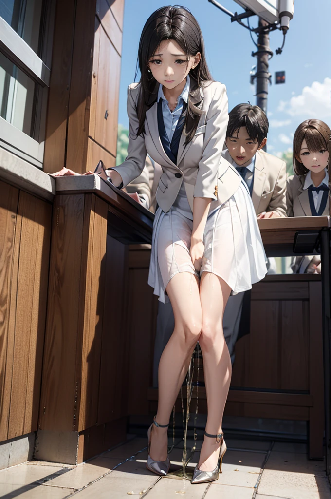 女性教師が集合写真撮影中にincontinence、incontinence、Peeing on your own、Lots of pee、From below、White suit、White Skirt、High heels、Perfect figure、Very beautiful、Lined up with students in front of the school building、upright、Embarrassed and teary-eyed、Surrounded by students、be subjected to relentless contempt from students