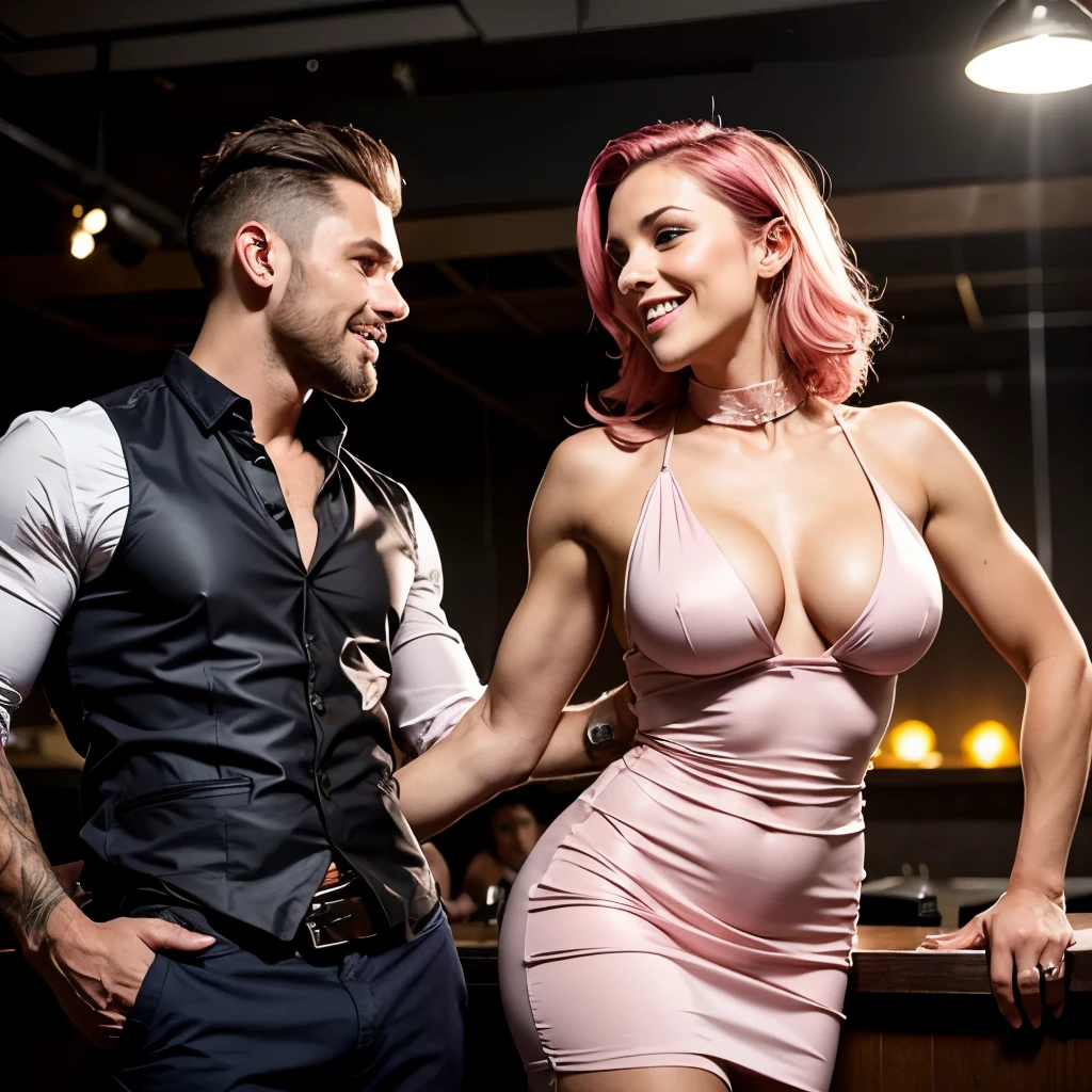 Image of a man and woman dancing at nightclub, ((Handsome 35 year old caucasian man with desireable features, medium length light brown hair, faded sides, clean shave face, BREAK, intriguing green eyes, tall and fit, (athletic:1.2) physique, seductive smile with confident expression), BREAK, he is wearing a stylish open collar black shirt, white pants)), BREAK, ((21 year old sexy caucasian super-model, short undercut (wavy:1.1) (pink:1.3) hair, masterpiece, fair skin tone, BREAK, blue eyes, perfect face and makeup, captivating smile, perfect breasts, fit and perfectly toned physique, Playboy model), BREAK, (she is wearing a shiny pink silk dress, light shimmering off the fabric, highlighting her sexy figure)), dark background, colorful overhead spotlights highlight their excellent features.