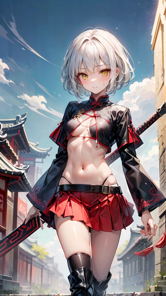  warrior girl with short white hair, yellow  eyes, red skirt, knee high leather boots, black traditional chinese imperial top to mid-abdomen, holding a warrior sword, strong slim body, but well proportioned. Ancient Chinese scenery.