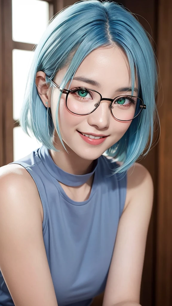 (representative work:1.4), (8K, realistic, RAW photo, Highest image quality:1.4), (24 year old mature woman), (smile:1.4), (side shot:1.1), beautiful face, (realisticな顔), ((glasses:1.2)), (blue hair, medium hair:1.3), beautiful hairstyle, realistic eyes, Detailed and beautiful eyes, (realisticな肌), beautiful skin, (close up:1.3), charm, 超High resolution, (green eyes:1.3)