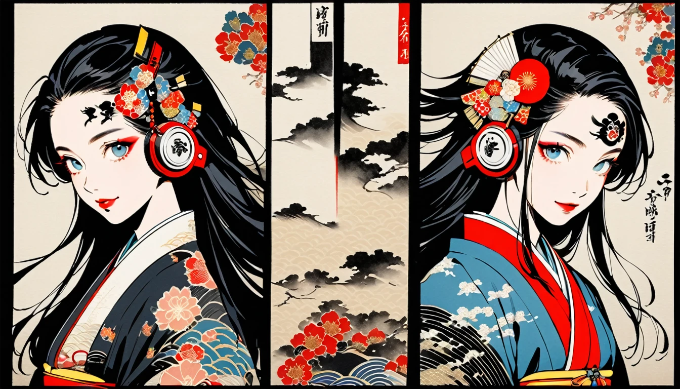 (((Ink Painting))), Fashion portrait color photos, (((twins))), (((Tattoo in the center of the forehead))), (((Very flashy hair accessories))), (((Very flashy makeup))), Japanese style headphones, smile, front view, Japan人の美少女, Black Hair, Delicate and precise, Modern ukiyo-e style,Japan, Japanese flag