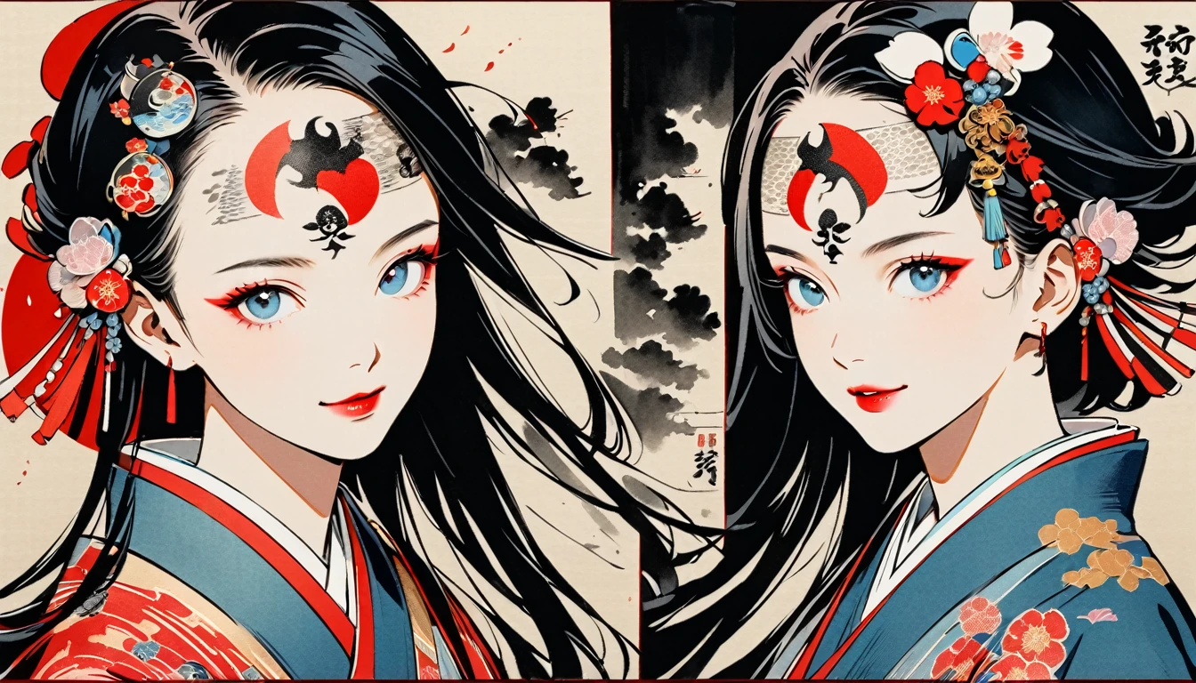 (((Ink Painting))), Fashion portrait color photos, (((twins))), (((Tattoo in the center of the forehead))), (((Very flashy hair accessories))), (((Very flashy makeup))), Japanese style headphones, smile, front view, Japan人の美少女, Black Hair, Delicate and precise, Modern ukiyo-e style,Japan, Japanese flag