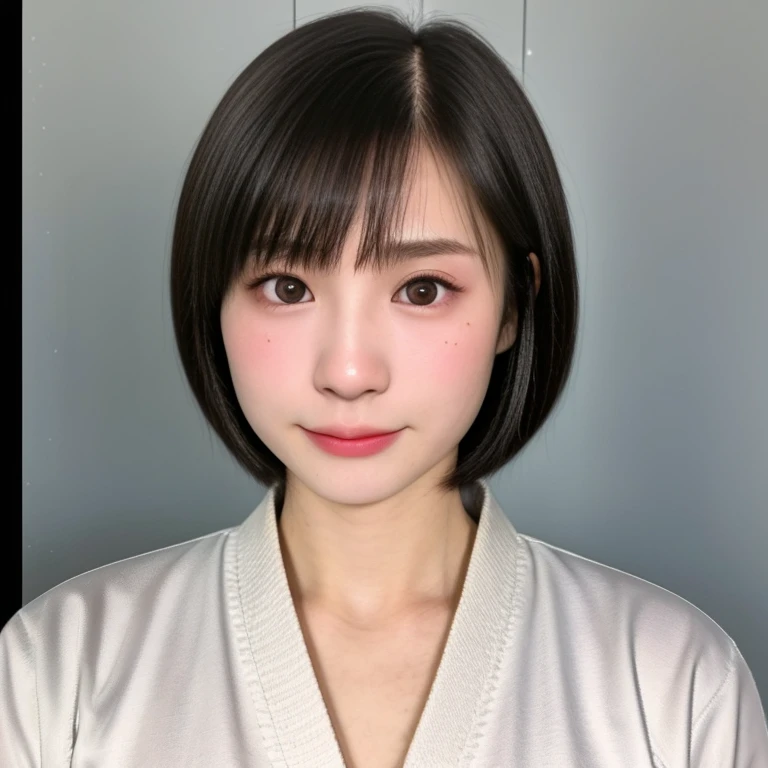(kawaii 24 year-old Japanese girl, Nogizaka idol, Korean idol, judo player), healthy female athlete body, (glossy black hair, short hair, pixie cut, bangs:1.3), (rounded face, beautiful black eyes, single eyelid, no makeup, serious expression:1.2), (wearing white judo wrestling uniform:1.3), extra small breasts, BREAK, (plain white background:1.2), (facing straight at camera, id photo, yearbook photo, bust shot:1.2), BREAK, (masterpiece, best quality, photo realistic, official art:1.4), (UHD, 8K quality wallpaper, high resolution, raw photo, golden ratio:1.3), (shiny skin), professional lighting, physically based rendering, award winning, (highly detailed skin, extremely detailed face and eyes), Carl Zeiss 85 mm F/1.4, depth of field, 1girl, solo,