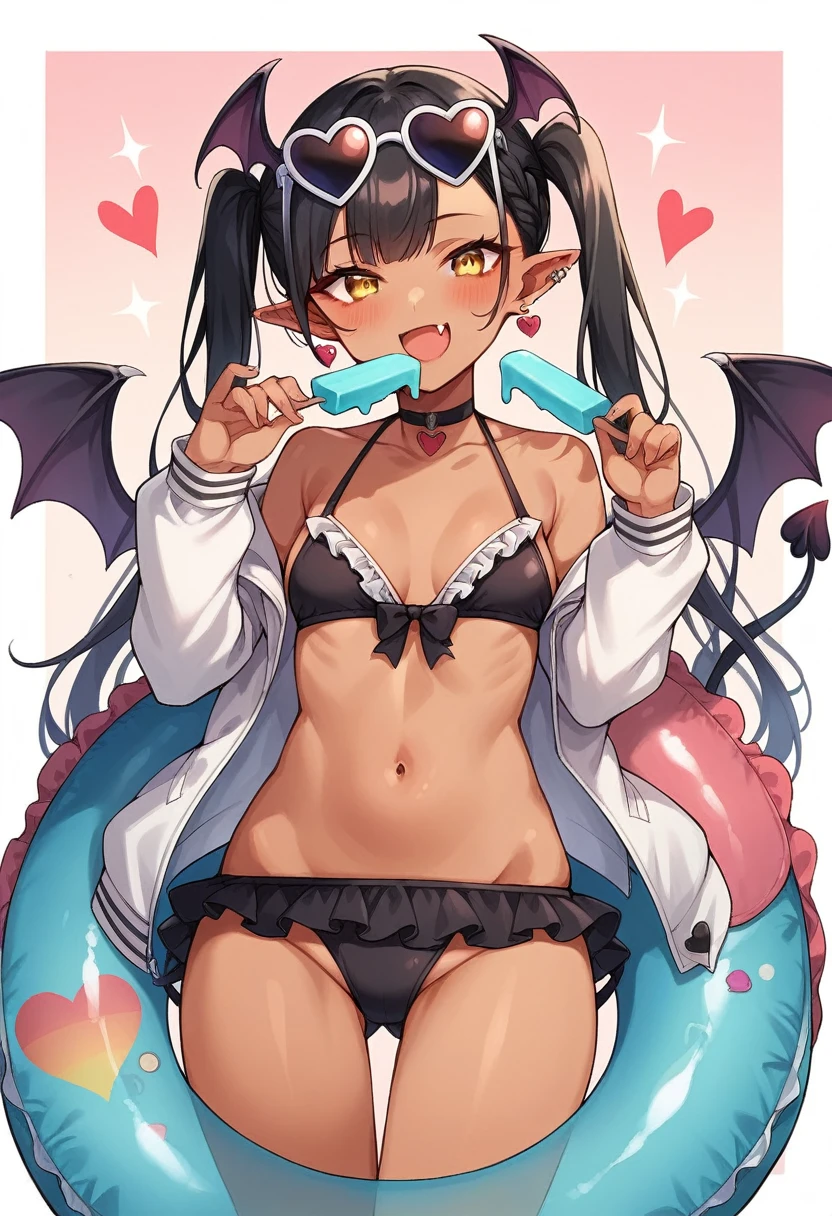 1girl, solo, long hair, breasts, looking at viewer, blush, smile, open mouth, bangs, black hair, navel, holding, twintails, jacket, tail, swimsuit, yellow eyes, braid, heart, bikini, earrings, small breasts, frills, food, open clothes, wings, pointy ears, fang, striped, dark skin, off shoulder, open jacket, dark-skinned female, black bikini, piercing, sunglasses, white jacket, demon girl, holding food, head wings, ear piercing, demon tail, eyewear on head, frilled bikini, demon wings, innertube, popsicle, heart-shaped eyewear