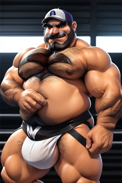 Wario, fat tummy, biceps,smirk,obese male, chubby, overweight, blush, super hairy tummy, super hairy arms, super hairy ass, super hairy balls, body hair, happy trail, full beard, glistening skin, stripping, human face, large human nose, very huge ass, gigantic penis, gigantic balls, boner (jockstrap:1.3), muscular, muscular human, muscular male, huge moobs, extreme detailed face, detailed eyes, back view (photorealistic, hyper realistic, ultra detailed, ultra detailed background, octane render, soft lighting, ultra detailed),(by rossciaco, by adios,)