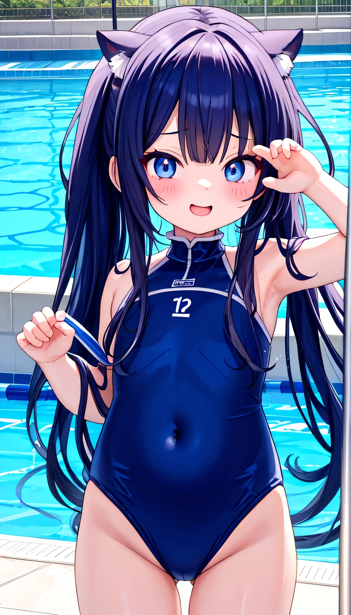 Funny, comical, , , todler, swiming pool background, (Playful), toys, illustration, A high resolution, Vibrant colors, Soft lighting, Random actions,Wear randomly,Random angles,(Exquisitehands:1.5)(Perfect body proportion:1.5)(More refined anime eyes:1.5)long hair,random hair style