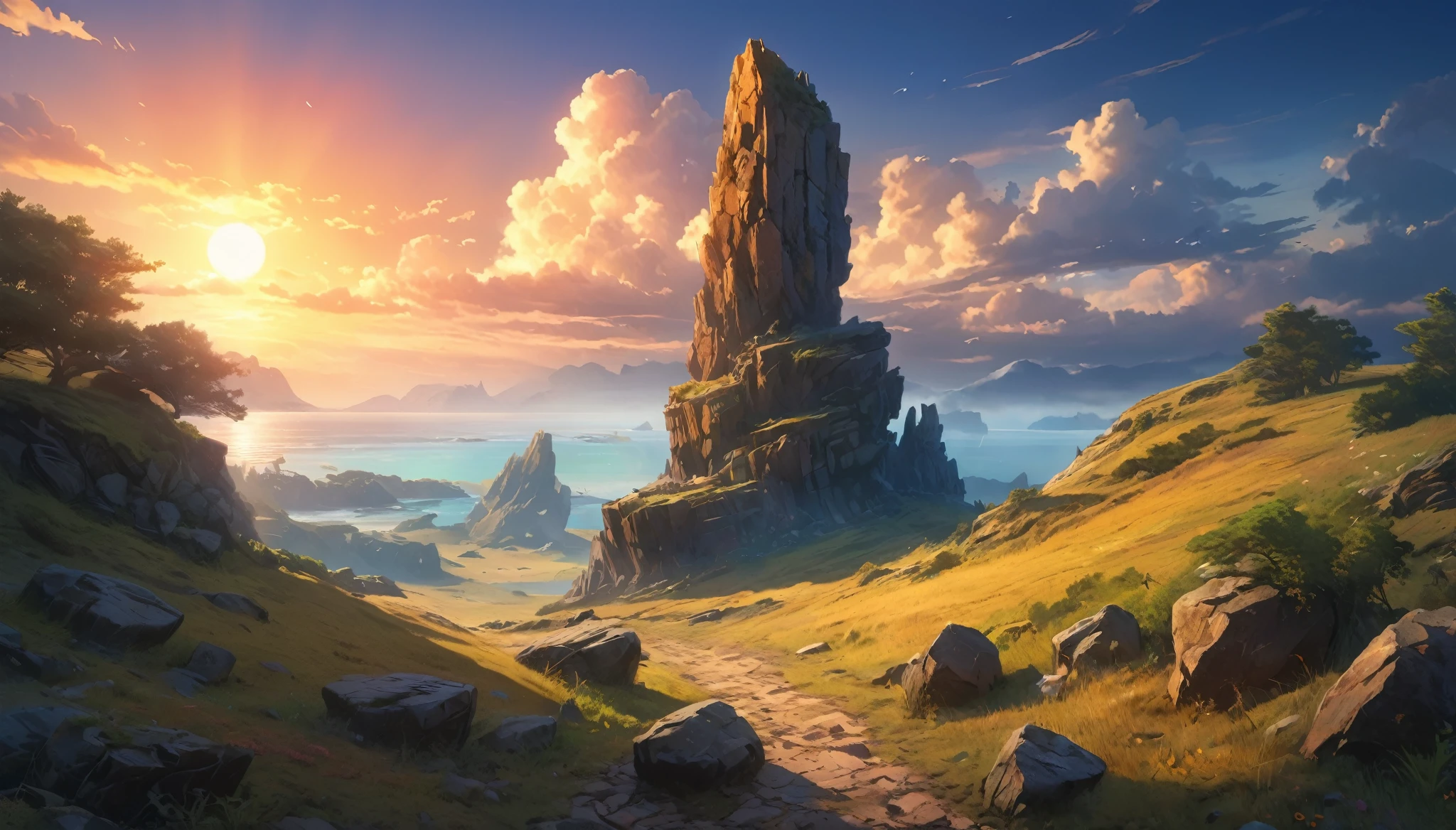 (anime, fantasy, stone beacon),(best quality, highres, HDR:1.2), vibrant colors, mysterious atmosphere, big stone beacon on the horizon, weathered, crumbling down, debris, general shot, ethereal light, fantastical landscapes