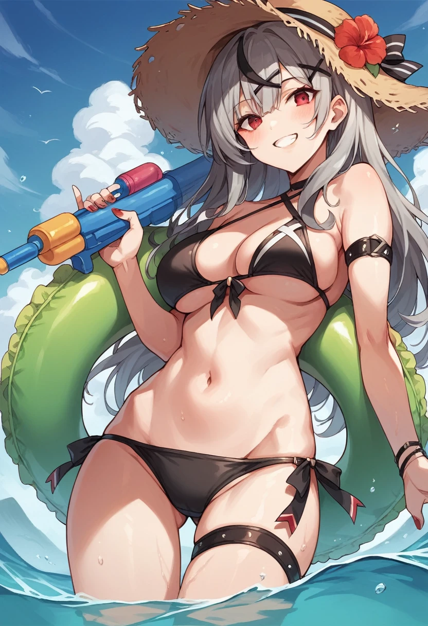 sakamata chloe, 1girl, solo, long hair, breasts, looking at viewer, blush, smile, bangs, large breasts, black hair, hair ornament, red eyes, hat, bow, holding, medium breasts, swimsuit, flower, grey hair, bikini, multicolored hair, outdoors, sky, day, cloud, water, grin, blue sky, streaked hair, thigh strap, black bikini, side-tie bikini bottom, x hair ornament, red nails, wading, innertube, straw hat, hat flower, arm strap, twisted torso, water gun