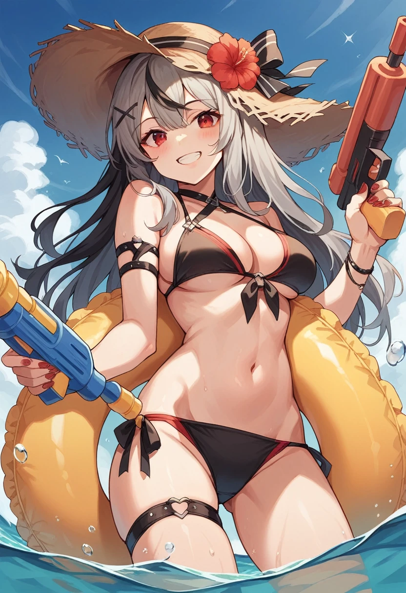 sakamata chloe, 1girl, solo, long hair, breasts, looking at viewer, blush, smile, bangs, large breasts, black hair, hair ornament, red eyes, hat, bow, holding, medium breasts, swimsuit, flower, grey hair, bikini, multicolored hair, outdoors, sky, day, cloud, water, grin, blue sky, streaked hair, thigh strap, black bikini, side-tie bikini bottom, x hair ornament, red nails, wading, innertube, straw hat, hat flower, arm strap, twisted torso, water gun