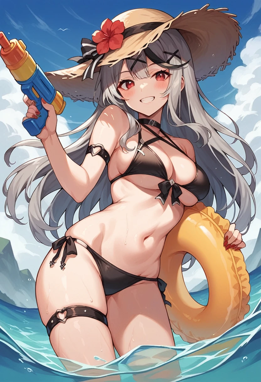 sakamata chloe, 1girl, solo, long hair, breasts, looking at viewer, blush, smile, bangs, large breasts, black hair, hair ornament, red eyes, hat, bow, holding, medium breasts, swimsuit, flower, grey hair, bikini, multicolored hair, outdoors, sky, day, cloud, water, grin, blue sky, streaked hair, thigh strap, black bikini, side-tie bikini bottom, x hair ornament, red nails, wading, innertube, straw hat, hat flower, arm strap, twisted torso, water gun