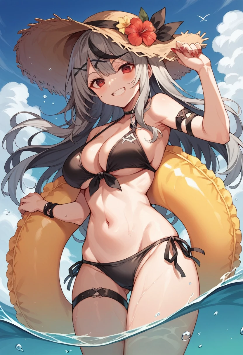 sakamata chloe, 1girl, solo, long hair, breasts, looking at viewer, blush, smile, bangs, large breasts, black hair, hair ornament, red eyes, hat, bow, holding, medium breasts, swimsuit, flower, grey hair, bikini, multicolored hair, outdoors, sky, day, cloud, water, grin, blue sky, streaked hair, thigh strap, black bikini, side-tie bikini bottom, x hair ornament, red nails, wading, innertube, straw hat, hat flower, arm strap, twisted torso, water gun