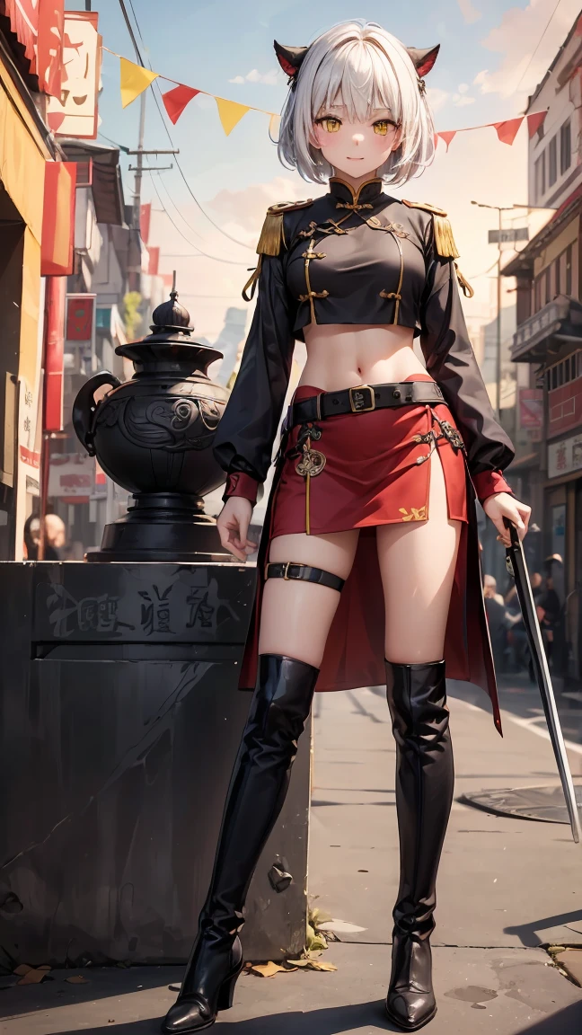   warrior girl with short white hair, yellow  eyes, red skirt, knee high leather boots, black traditional chinese imperial top to mid-abdomen, holding a warrior&#39;s sword with both hands, strong slim body, but well proportioned. attack position. Ancient Chinese scenery.