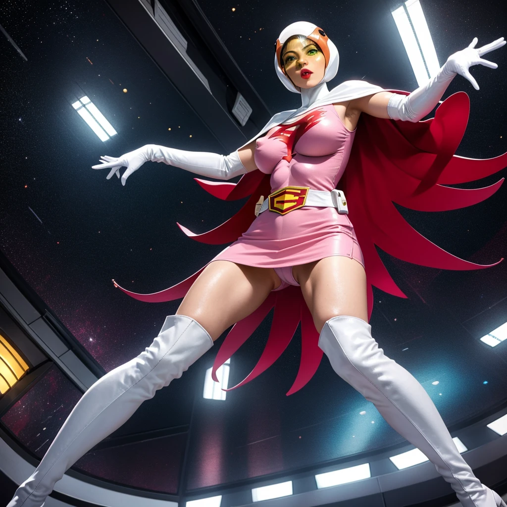 ANI_CLASSIC_jun_gatchaman_ownwaifu,1girl, 15yo,good anatomy, masterpiece, best quality,realistic, hyperrealistic, 16k hdr, long hair,breasts,green eyes,lips,large breasts,lipstick,makeup,gloves,cape,helmet,belt,elbow gloves,white gloves,mask,ultra miniskirt,leotard,spacesuit,white tight overknee highheels boots,pink dress,superhero,bodysuit,cleavage,erected nipples,(sexy pose,from below:1.2),(spread legs:1.1),cameltoe