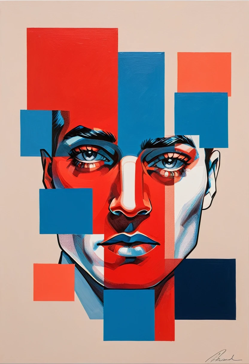 Create a contemporary portrait of a man with sharp features, using a bold and graphic style. Use vibrant, contrasting colors with a strong emphasis on red and blue hues. The background should be a neutral, pale beige or light peach color. The face should be at a slight angle, with clean lines and blocks of color to define the facial structure. Ensure the expression is intense, and the overall composition has a modern, pop-art feel. The painting should capture the interplay between light and shadow with striking contrasts.