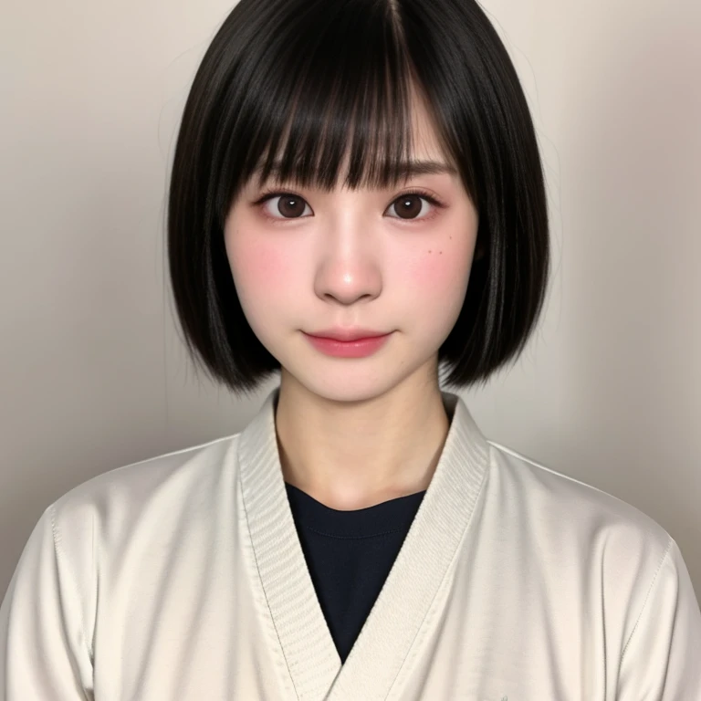 (kawaii 24 year-old Japanese girl, Nogizaka idol, Korean idol, judo player), healthy female athlete body, (glossy black hair, short hair, pixie cut, bangs:1.3), (rounded face, beautiful black eyes, single eyelid, no makeup, serious expression:1.2), (wearing white judo wrestling uniform:1.3), extra small breasts, BREAK, (plain white background:1.2), (facing straight at camera, id photo, yearbook photo, bust shot:1.2), BREAK, (masterpiece, best quality, photo realistic, official art:1.4), (UHD, 8K quality wallpaper, high resolution, raw photo, golden ratio:1.3), (shiny skin), professional lighting, physically based rendering, award winning, (highly detailed skin, extremely detailed face and eyes), Carl Zeiss 85 mm F/1.4, depth of field, 1girl, solo,