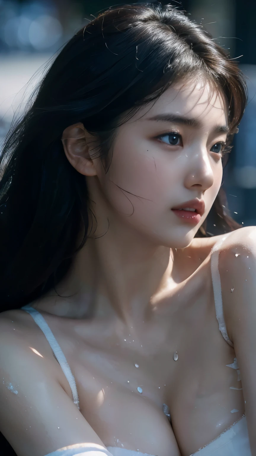 8k, masterpiece, RAW photo, best quality, photorealistic, extremely detailed CG unity 8k wallpaper, (extremely beautiful face, beautiful lips, beautiful eyes), ((ultra detailed skin)),  (photograph realistic:1.5),  medium shot, ((Girl with minimalist tattoo in hand)), rainny day in the street london, (wet girl), ((Eract nipples)), ((dramatic torn bra))