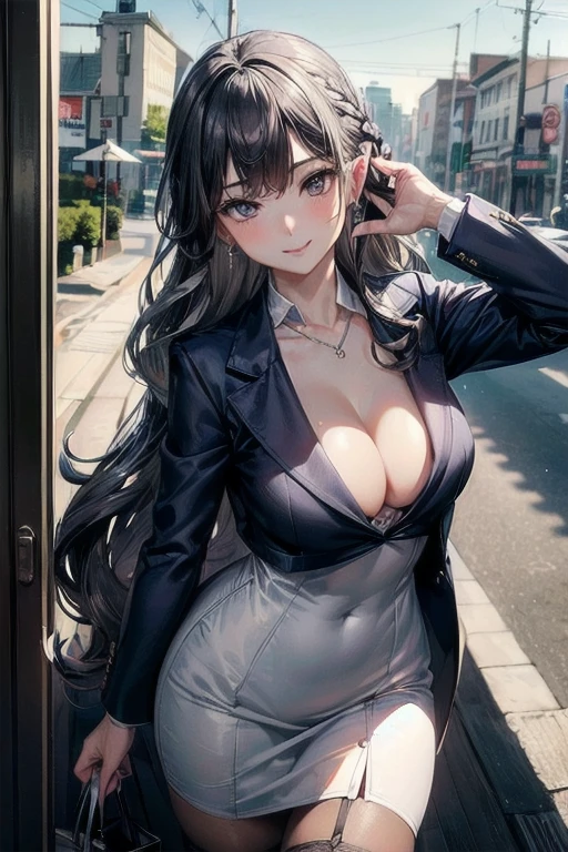 8K, (masterpiece, best quality:1.6), Japanese. 1 lady, masterpiece, best quality, beautiful eyes, (Perfect Anatomy), (pale skin, shiny skin, detailed skin),

Glossy smooth hair, dark brown hair, (long wavy hairstyle: 1.5), (Bangs Swept Up:1.5), navy blue eyes, 

(Navy Blue Lingerie, navy blue thong, navy blue bra, black garter Stockings), (Silver chain necklace with Navy Blue small charm, simple silver earrings, silver bracelet), confident career woman,

busty, sexy body, (lovely smile), random porn pose, (standing), 

face light, cinematic lighting, sharp focus,

(beautiful scenery), daytime, cityscape:1.2, main street, very wid, panorama view, sense of depth, long shot, magnificent view, 

服
(Stylish office suits, Navy blue business suit, white dress shirt, open chest:1.8, cleavage:1.8), (Silver chain necklace with small charm, simple silver earrings, silver bracelet), confident career woman,