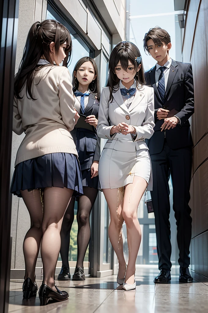 女性教師が集合写真撮影中にincontinence、incontinence、Peeing on your own、Lots of pee、From below、White suit、White Skirt、High heels、Perfect figure、Very beautiful、Lined up with students in front of the school building、upright、Embarrassed and teary-eyed、Surrounded by students、be subjected to relentless contempt from students