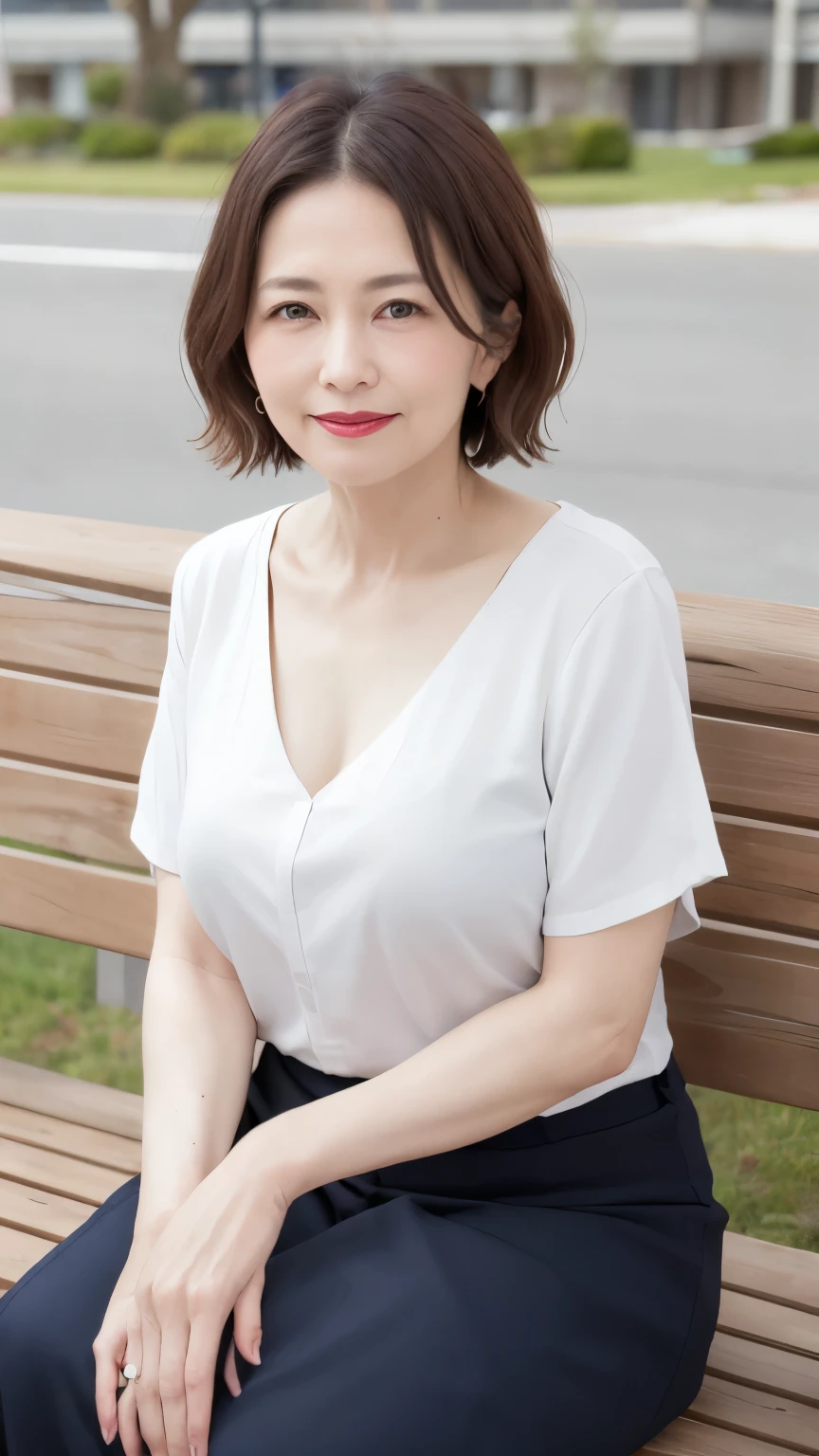 sitting on a park bench, Wrinkles around the eyes, Smiling with teeth showing, Plain short-sleeved clothing, senior citizen, Draw lips correctly, Red lipstick, No discomfort, 16K, Highest quality, Very detailed, Realistic, Very detailed肌, Japanese, alone, 60 years old, Large Breasts, , Glamour, sexy, , Staring straight ahead,