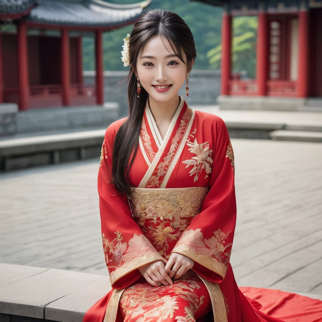 ((Highest quality)), ((masterpiece)), (detailed), (Perfect Face)、The woman is Satomi Ishihara, with large breasts, medium-long hair tied up, and a gorgeous red party Chinese dress with gold embroidery and trim, a long slit that shows off her thighs, and she is dressed luxuriously with gorgeous accessories and an engagement ring.、The woman is smiling gently、The woman is in a luxurious palace in China, embracing and kissing a handsome and dignified middle-aged Chinese man, making love and getting married.