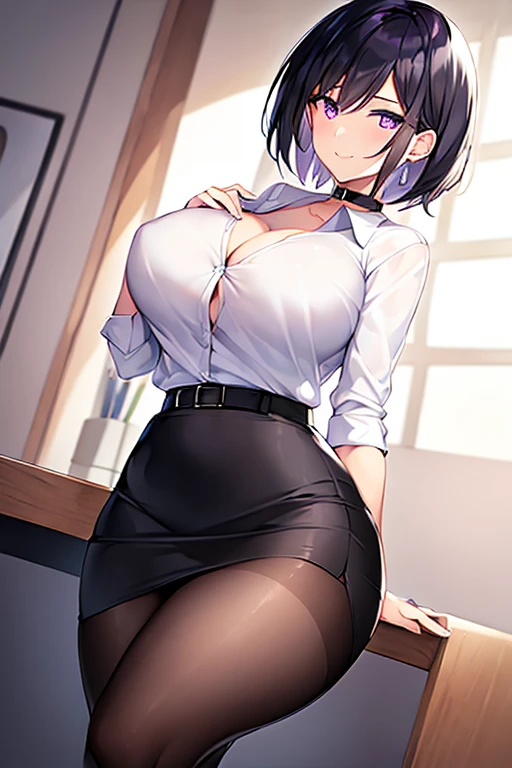 1girl, short hair, black hair, purple eyes, mature female, hourglass figure, breasts, teacher, shirt, white shirt, skirt, pencil skirt, pantyhose, black pantyhose, belt, choker, cleavage, tall, smile, light smole, collar, button shirt, pixie cut, 