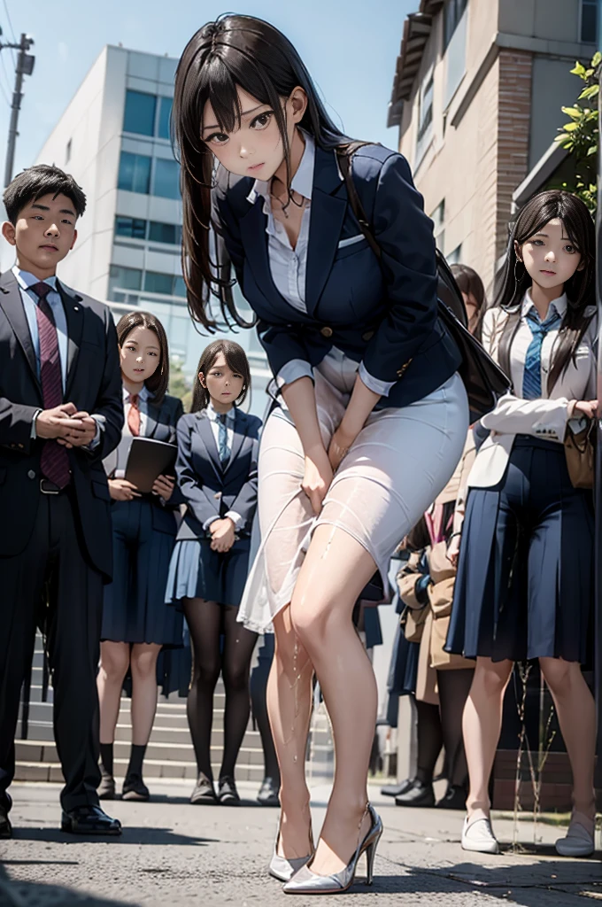 女性教師が集合写真撮影中にincontinence、incontinence、Peeing on your own、Lots of pee、From below、White suit、White Skirt、High heels、Perfect figure、Very beautiful、Lined up with students in front of the school building、upright、Embarrassed and teary-eyed、Surrounded by students、be subjected to relentless contempt from students