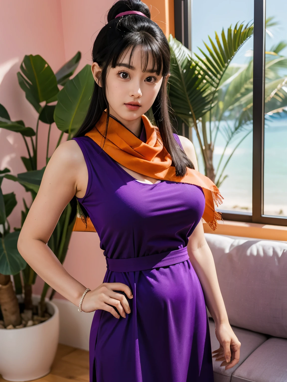 (masterpiece, best quality:1.2), 1girl, solo, professional lightings, cinematic lightings, 8k wallpaper, ultra realistic portrait of chichi, dragonball, chichi_dbz, (((dark purple Chinese dress, orange scarf))), bangle, bracelet), bare foots, detailed face, detailed eyes, highres, detailed skin texture, (ultra slim waist, perfect slim body style), black hair, (dango hair:1.15, parted long bangs:1.15), big eyes, double eyelids, ((ultra huge breasts, ultra huge tits, ultra huge boob, ultra huge cleavages)), ultra realistic mature older face, ultra detailed mature older face, realistic wrinkles on face and eyes, detailed wrinkles on face and eyes, (in living room, TV, view palms tree via window:1.1, ocean, palm tree and beach view via window:1.25, couch, wooden floor, house plants, pink painted walls:1.1), in extremely tiny island, ((standing)), looking at viewer, cowboy shot, close up angle,