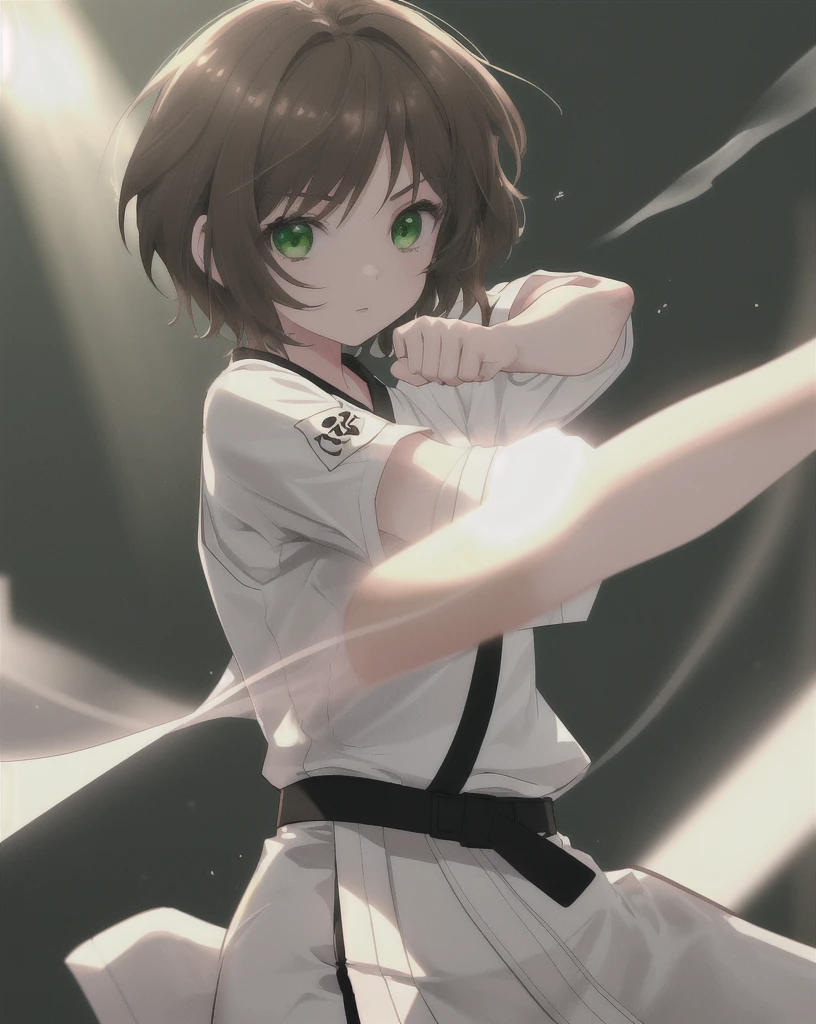 1 girl solo, short brown hair, green eyes, all white karate uniform, black belt, dojo, God Rays, Glowing Light, Ray Tracing,