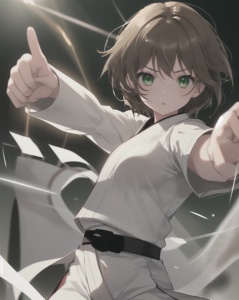 1 girl solo, short brown hair, green eyes, all white karate uniform, black belt, dojo, God Rays, Glowing Light, Ray Tracing, 
