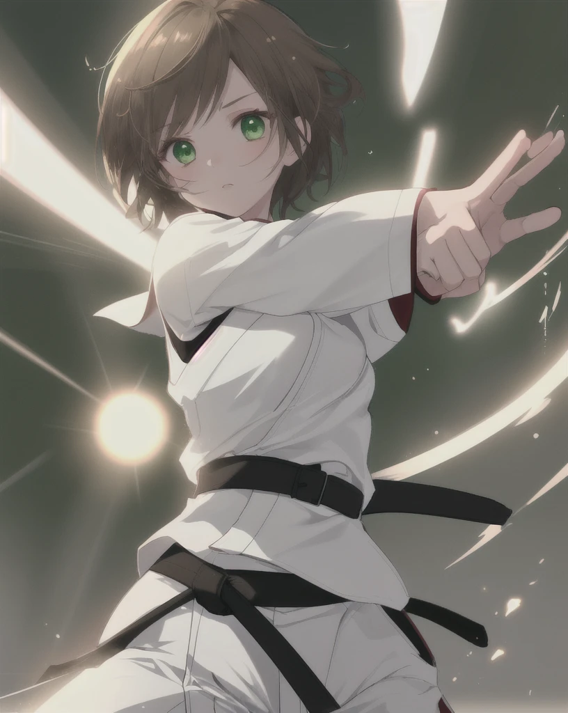1 girl solo, short brown hair, green eyes, all white karate uniform, black belt, dojo, God Rays, Glowing Light, Ray Tracing,