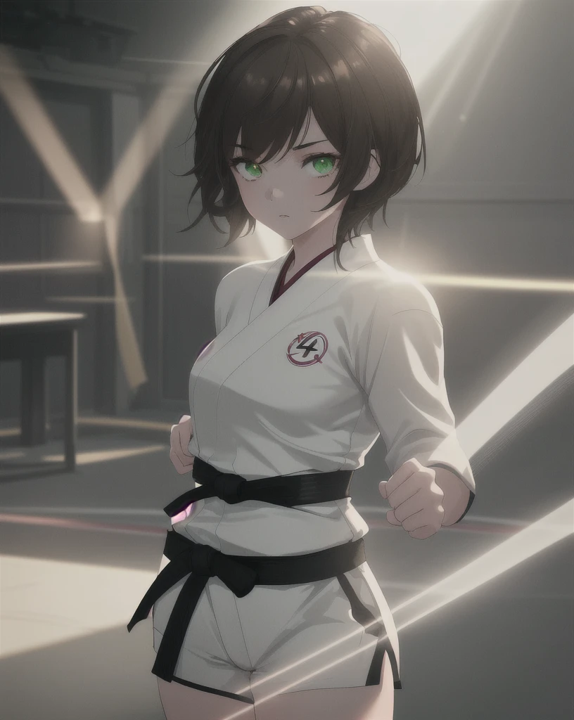1 girl in a white karate uniform with a black belt, short brown hair, green eyes, standing in a dojo with god rays and glowing light, ray tracing, high quality, extremely detailed, photorealistic, masterpiece, 4k, studio lighting, hyper detailed, cinematic lighting, dramatic lighting, beautifully detailed face and eyes, intricate details
