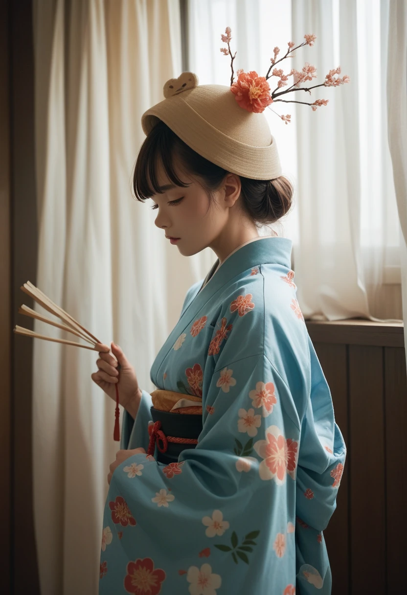 Deku anime with kimono and a Bambo hat with curtains 