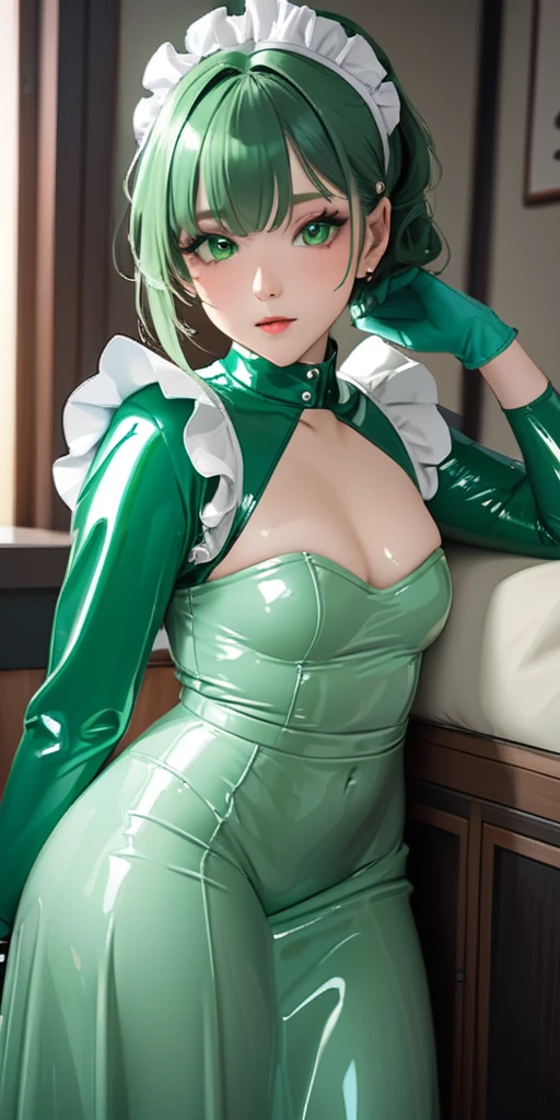 Portraiture、(masterpiece,Highest quality,Ultra-high resolution),Japanese women, (((Very beautiful 25 year old girl))),(Pale green latex maid outfit)、(Pale green latex long skirt)、(A long-sleeved latex shirt that covers the upper body)、Pale green latex gloves、Pale green latex socks、Pale green latex bodysuit、Frills、The clothes fit snugly to the body、Latex is very shiny、Dark Room、