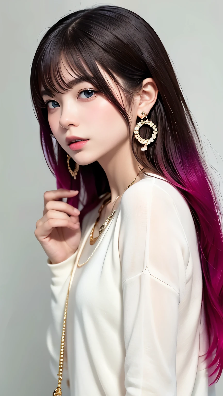 rainbow, One Girl, alone,very cute, Long Hair, View Audience, Blue Eyes Background, White Background, jewelry, Mouth closed, Jacket, Upper Body, Pink Hair, Earrings, Pink Eyes, necklace, From the side, sweater, lips, eyelash, Compensate, Wavy Hair, Earrings, cross, lipstick, 耳のEarrings, eye shadow, hoop Earrings, ピンクのlips, Variegated eyes, Pink Theme, , ピンクのeye shadow,