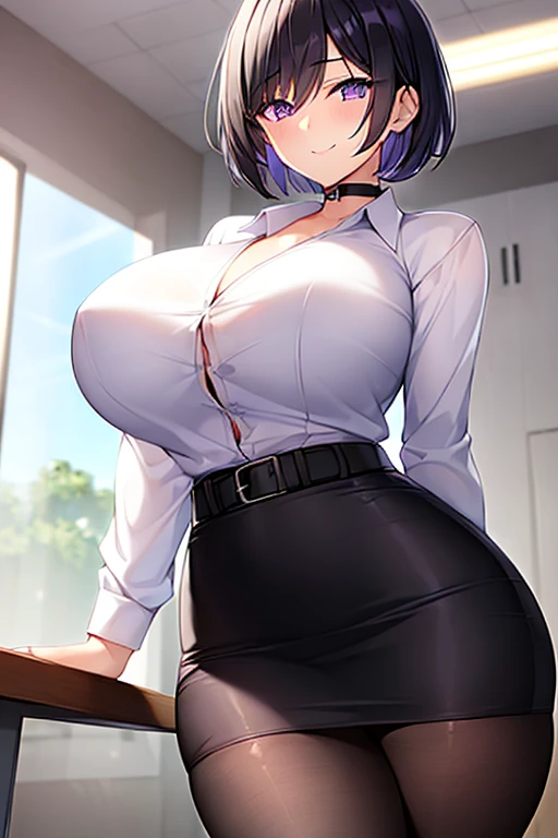 1girl, short hair, black hair, purple eyes, mature female, hourglass figure, breasts, teacher, shirt, white shirt, skirt, pencil skirt, pantyhose, black pantyhose, belt, choker, cleavage, tall, smile, light smole, collar, button shirt, pixie cut,