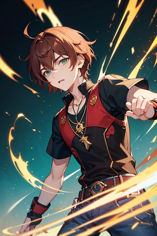 Xiao from Genshin Impact, boy, 16 years old, reddish brown hair, green eyes, open black vest, blue t-shirt, necklace with a golden cross, blue jeans, looking in profile directly at viewer, white background