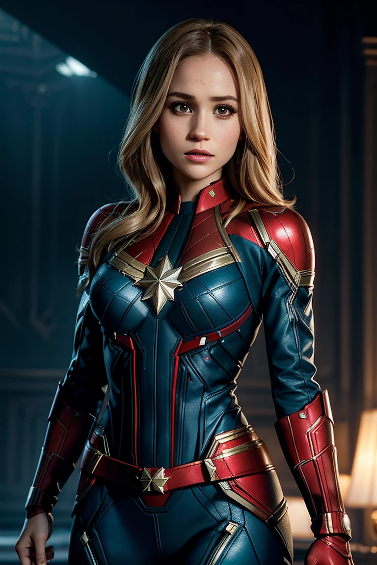 Meghan Markle, wearing Captain Marvel costume sexy clothes transparent. professionally retouched, soft lighting, realistic, smooth face, perfect eyes, sharp focus on eyes, 8 k, high definition, insanely detailed, intricate, elegant. in a natural background.