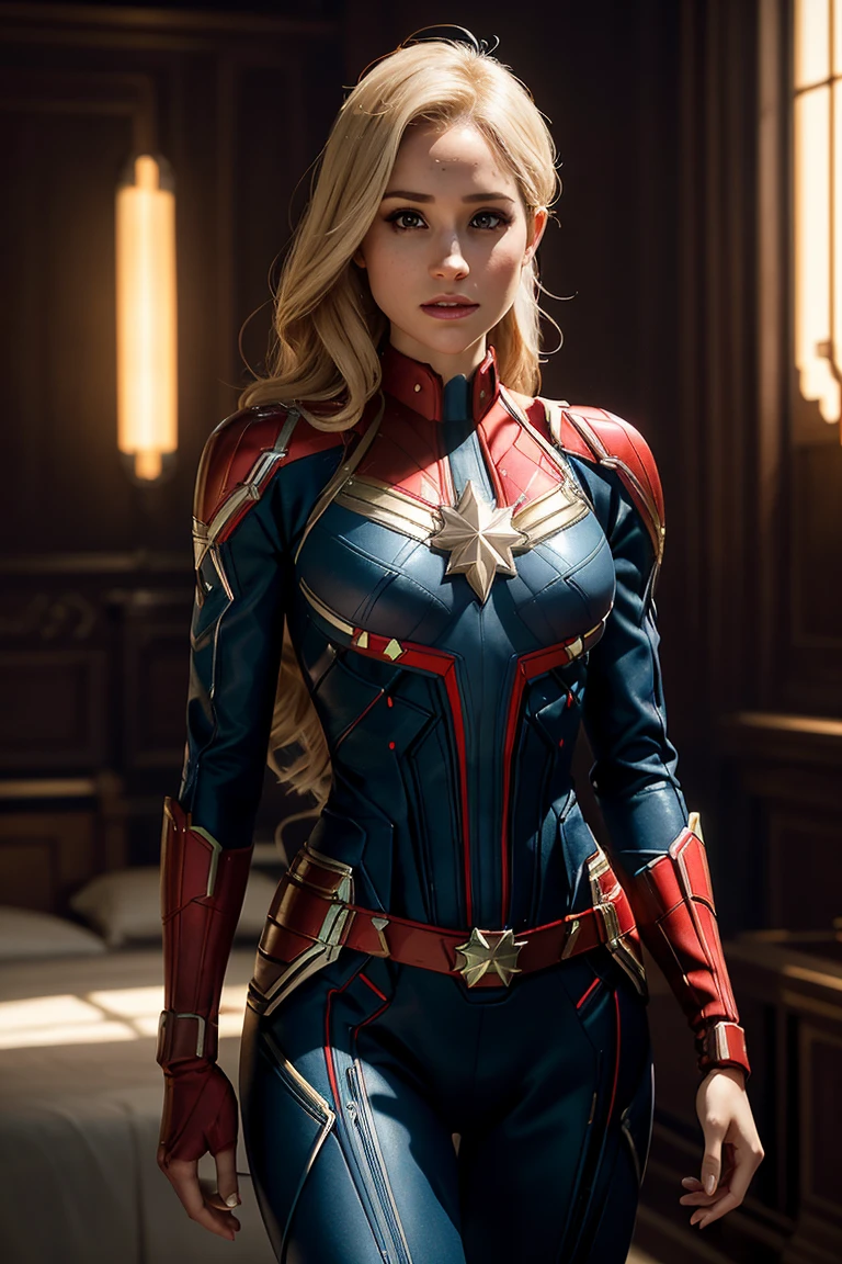 Meghan Markle, wearing Captain Marvel costume sexy clothes transparent. professionally retouched, soft lighting, realistic, smooth face, perfect eyes, sharp focus on eyes, 8 k, high definition, insanely detailed, intricate, elegant. in a natural background.