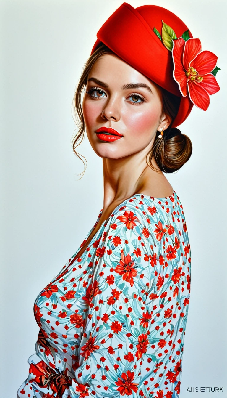 create a woman with red elegant hat ,with flower shirt, masterpiece, estilo illustration de Ali Erturk, high detail, hyperrealistic, natural light,illustration , Bright colors