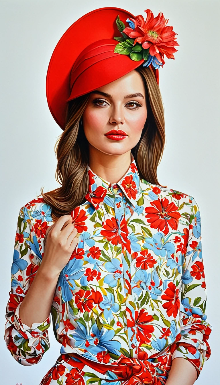 create a woman with red elegant hat ,with flower shirt, masterpiece, estilo illustration de Ali Erturk, high detail, hyperrealistic, natural light,illustration , Bright colors