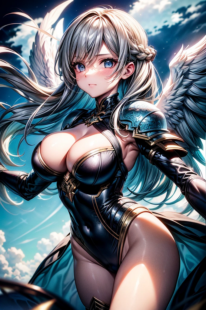 female archangel prepared for battle, an extremally beautiful warrior valkyre, ultra feminine, long hair, blond hair, braided hair, wearing divine heavy armor, cleavage, big breasts, (white armor: 1.2), (angel wings: 1.pread, aremed with fantasy sword, sword covered with blue fire, posing for a picture, flying high in the sky, open wings, showing whole body, flying body, sky environment, stars, 16k, RAW, ultra wide shot, photorealism, depth of field, hyper realistic, 2.5 rendering