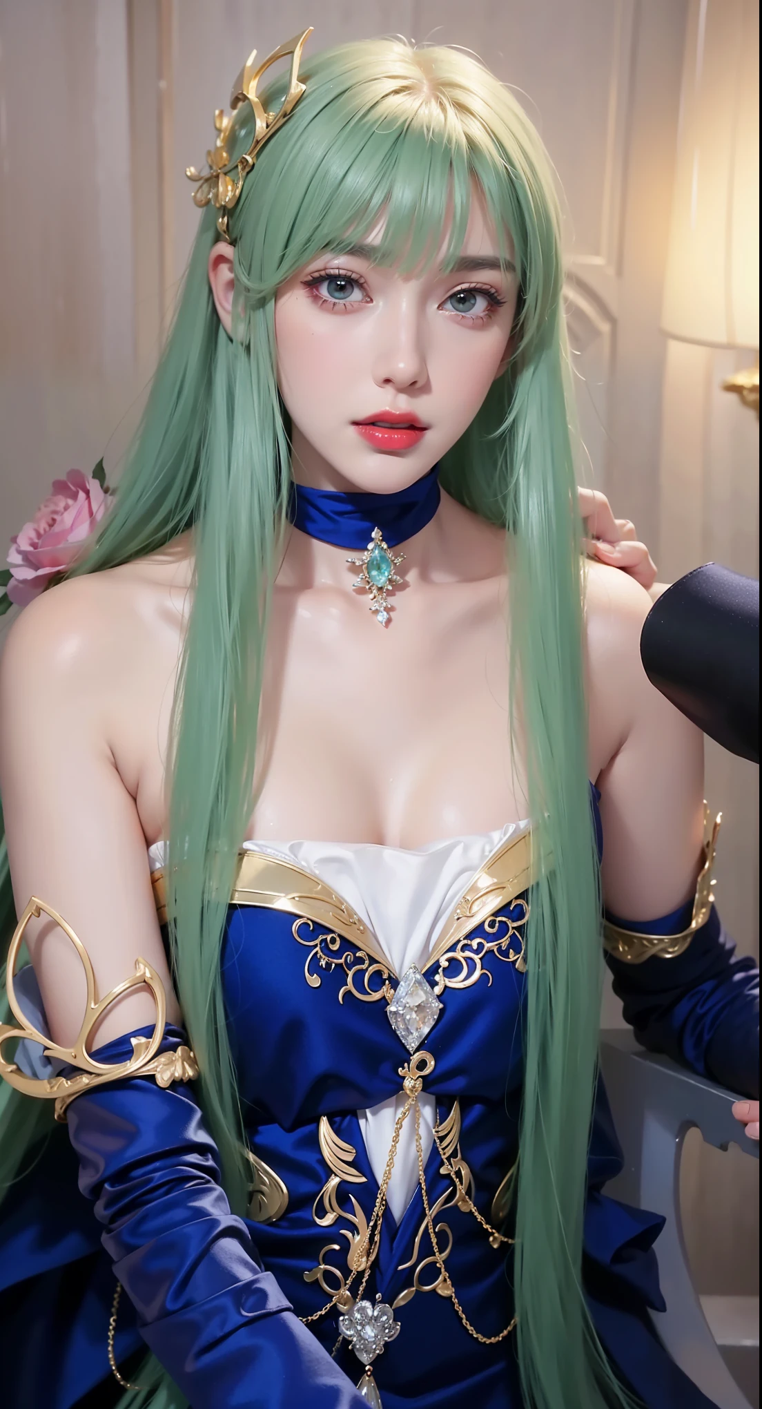 Very detailed, Delicate face, Realistic style, Stock Photography ,  rich and colorful, Surrealism, Realistic textures, Dramatic Lighting, Distiller 800  (8K, original photo, Better quality, masterpiece: 1.2), Very detailed, (Extremely delicate skin: 1.2), 8K Ultra HD, SLR camera, Soft Light, high quality， 冰冻Queen,, snow castle，Blue pupils，Apply red lipstick，Queen，Gorgeous clothing，gem, diamond, Gold Jewelry，Printed lace，Silk dress