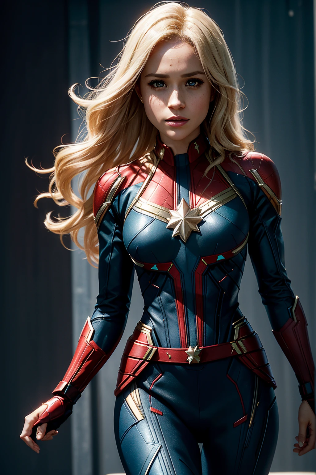 Meghan Markle, wearing Captain Marvel costume sexy clothes transparent. professionally retouched, soft lighting, realistic, smooth face, perfect eyes, sharp focus on eyes, 8 k, high definition, insanely detailed, intricate, elegant. in a natural background.