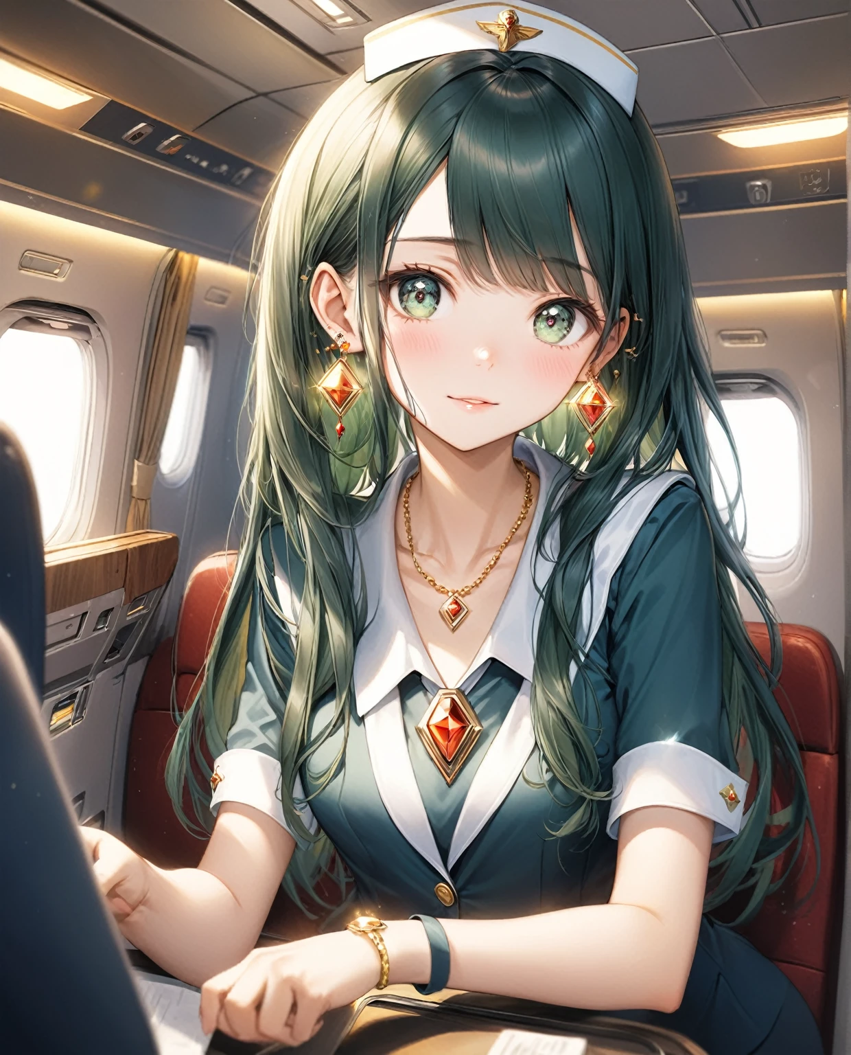 (Highest quality,8k,32K,masterpiece,Ultra-high resolution :1.2 ),born,One girl,Super cute,Natural light,Clear, shining eyes,20-year-old,Fair skin,Fantasy background of the electronic world inside the plane,The noble earrings are shining,The noble necklace shines,Dark green hair,Long Hair,Cabin attendant,stewardess,スカートをまくりあげている,スカートを手で上げている